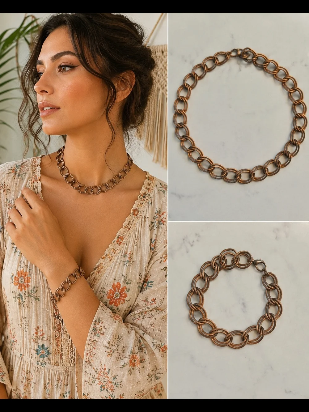 Classic Linked Choker Necklace and Bracelet Set - Copper Tone